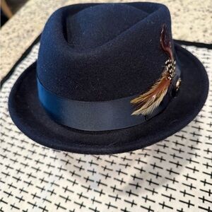 Stylish Navy Fedora with Feather Accent
